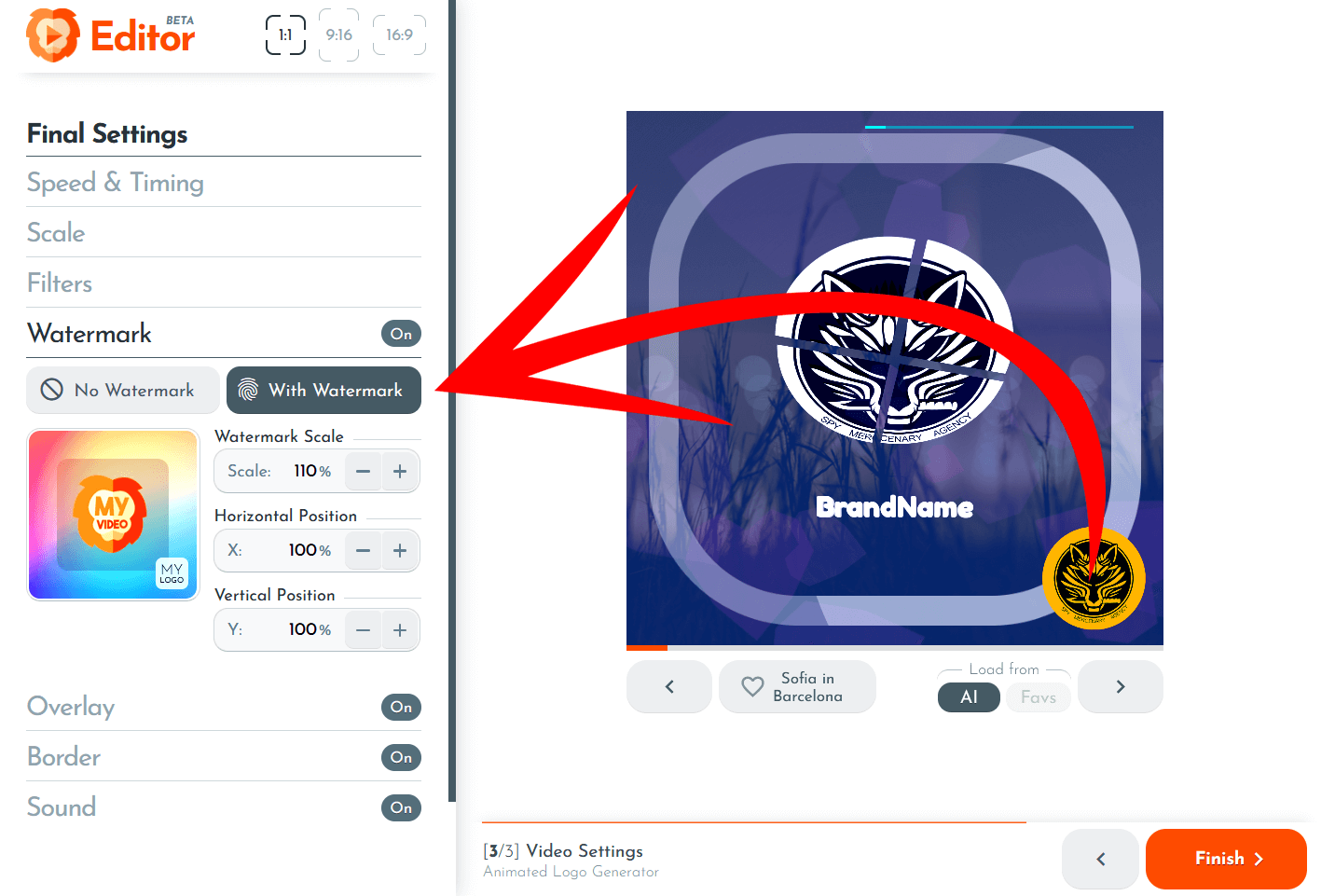 Adding a watermark to videos using RenderLion generator