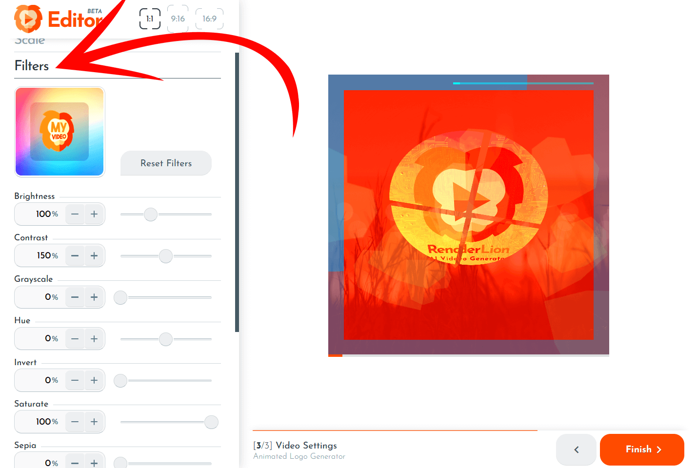 Using filters to enhance videos generated on RenderLion